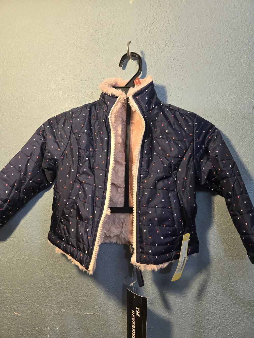 Miss Sofia Navy Heart Print Puffer Jacket with Pink Faux Fur